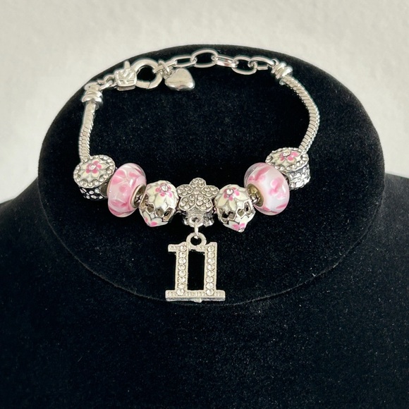 8" Charm Bracelet Silver Happy 11th Birthday Crystal Pave Setting, Enamel Beads - Picture 2 of 8